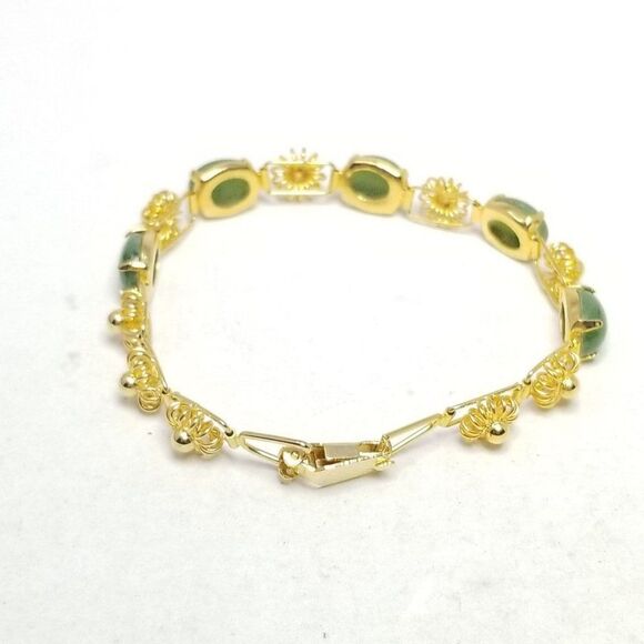 Vintage Gold Tone and Green Cabochon Panel Link Bracelet, Unique Design, Estate - Picture 2 of 5